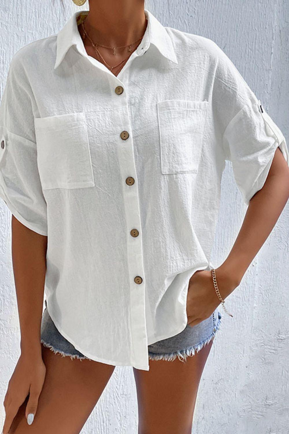 Roll-Tab Sleeve Shirt with Pockets - Trendha