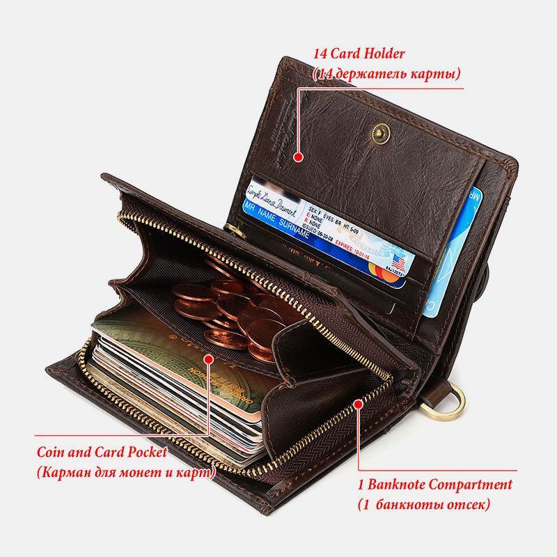 Men Genuine Leather RFID Anti-theft Zipper Multi-slot Card Holder Wallet With Chain - Trendha