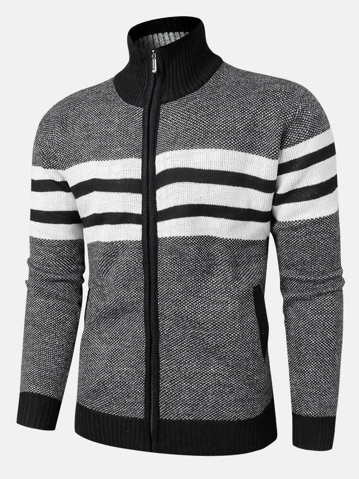 Mens Knitted Stripe Zip Front Stand Collar Casual Warm Cardigans - Trendha