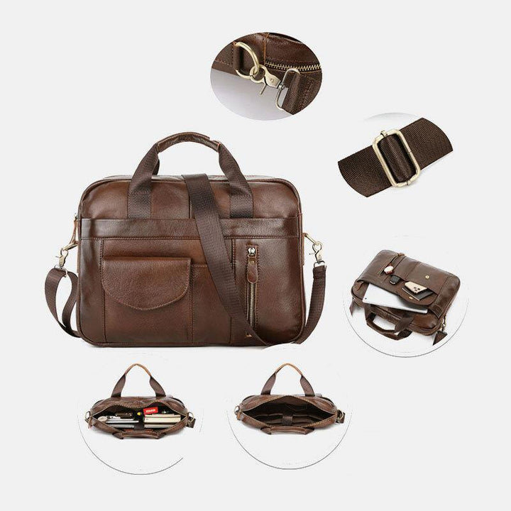 Men Genuine Leather Multi-pocket Vintage 14 Inch Laptop Bag Briefcases Crossbody Bag Shoulder Bag Handbag - Trendha