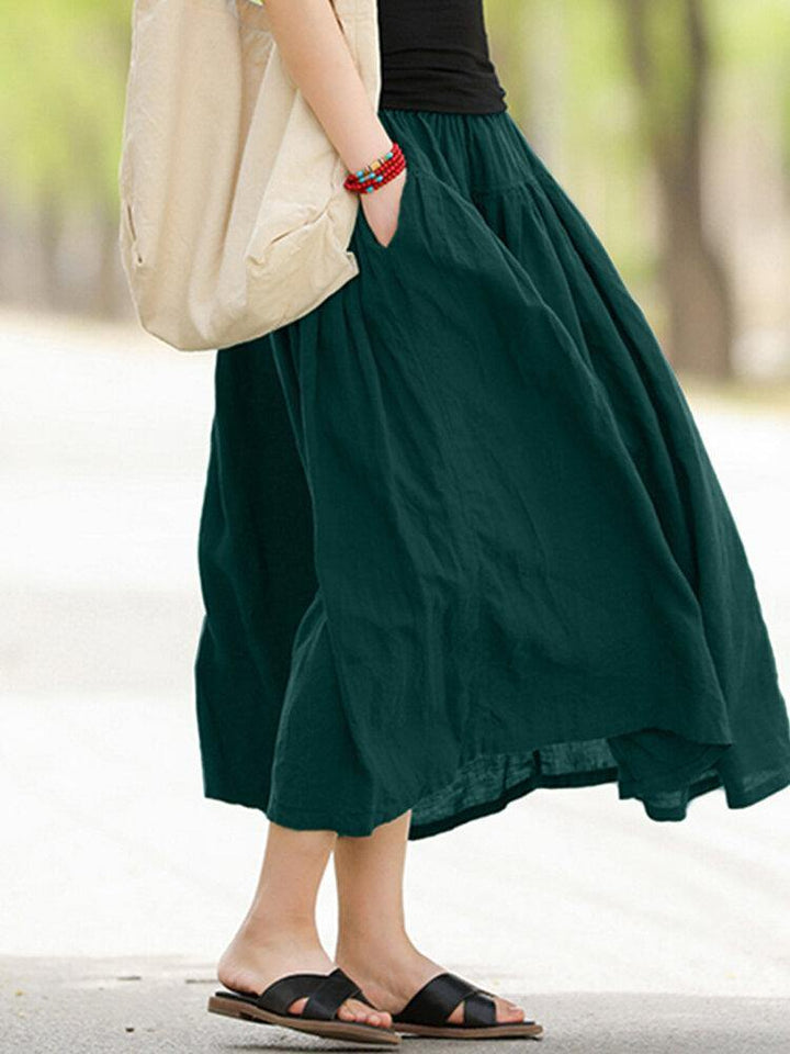 Casual Solid Elastic Waist Pleated Spliced Cotton Skirt For Women - Trendha