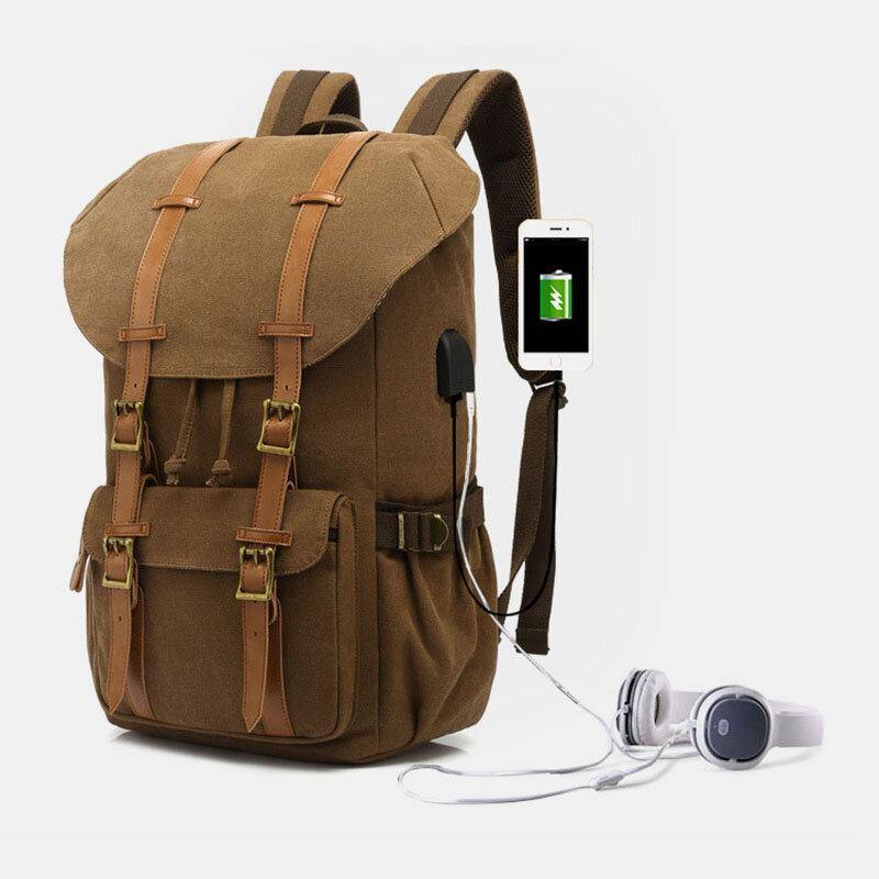 Men Genuine Leather And Canvas USB Charging Retro Travel Outdoor Large Capacity Backpack - Trendha