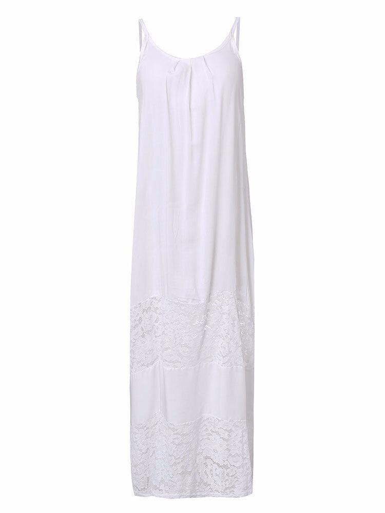 Women White Strap Lace Crochet Patchwork Beach Maxi Dress - Trendha
