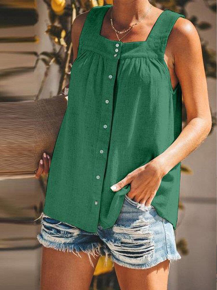 Solid Color Button Loose Pleated Tank Tops For Women - Trendha