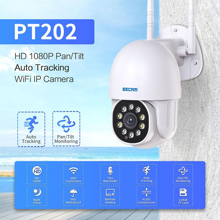ESCAM PT202 1080P WiFi IP Camera Infrared Night Vision Waterproof With Motions Detection And Automatic Tracking Of Human Figures - Trendha