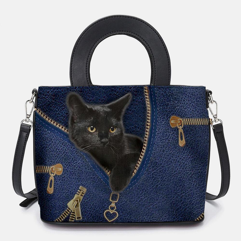 Women Faux Leather Cartoon Black Cat Pattern Multi-carry Handbag Crossbody Bag Satchel Bag - Trendha