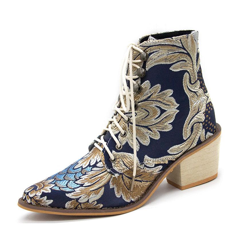 Women's Short Boots with Pointed Thick Heels, Ethnic Style, and Lace Embroidery - Trendha