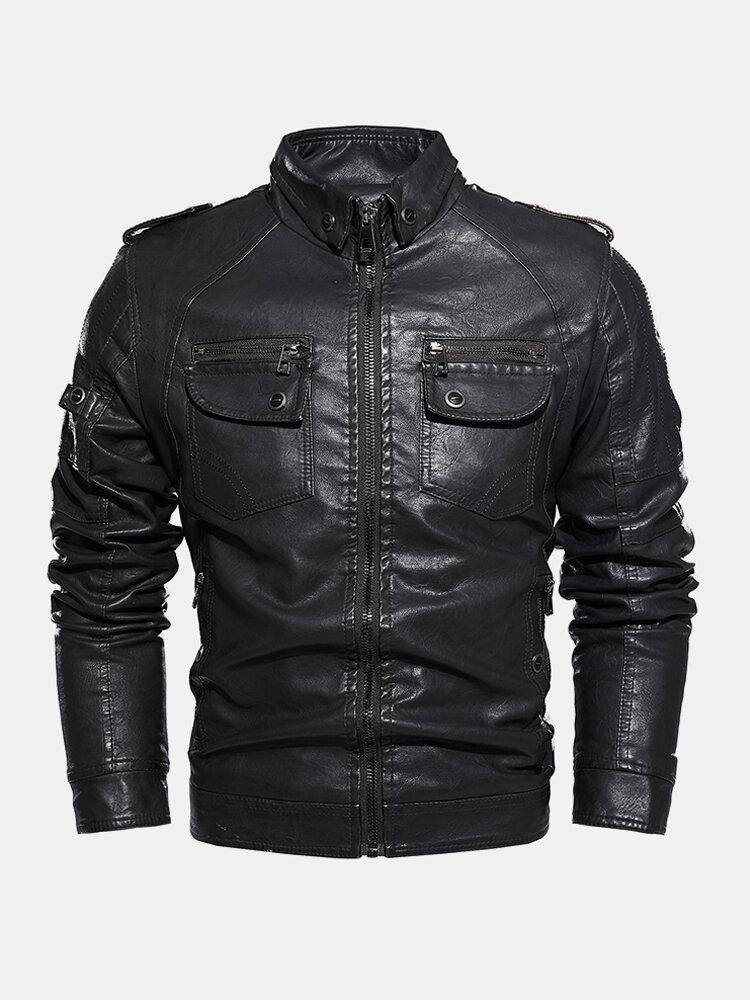 Mens PU Leather Zip-Up Lapel Motorcycle Jacket With Pocket - Trendha