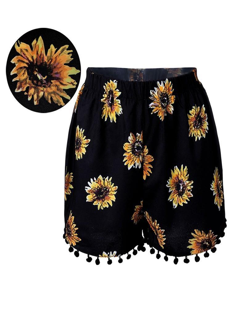 Women Elastic High Waist Sunflower Printed Shorts Casual Beach Shorts - Trendha