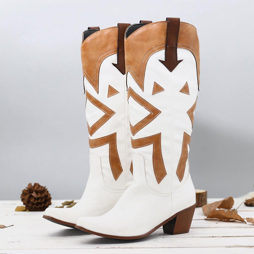 Large Size Women Pointed Toe Splicing High Square Heel Long Cowboy Boots - Trendha