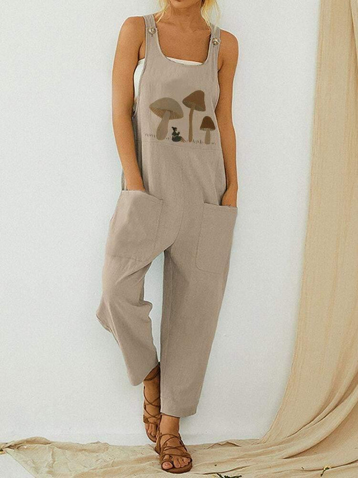 Mushroom Print Straps Sleeveless Patchwork Pocket Button Casual Jumpsuit For Women - Trendha