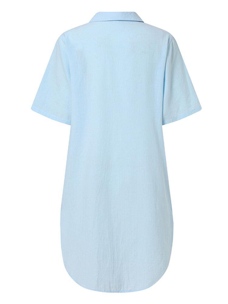 Solid Casual Lapel Short Sleeve Button Shirt Dress With Pocket - Trendha