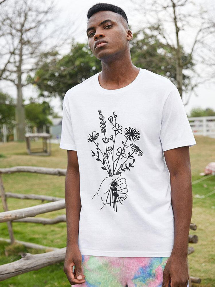 Mens Casual Cotton Flower Print Short Sleeve T-Shirts - Trendha