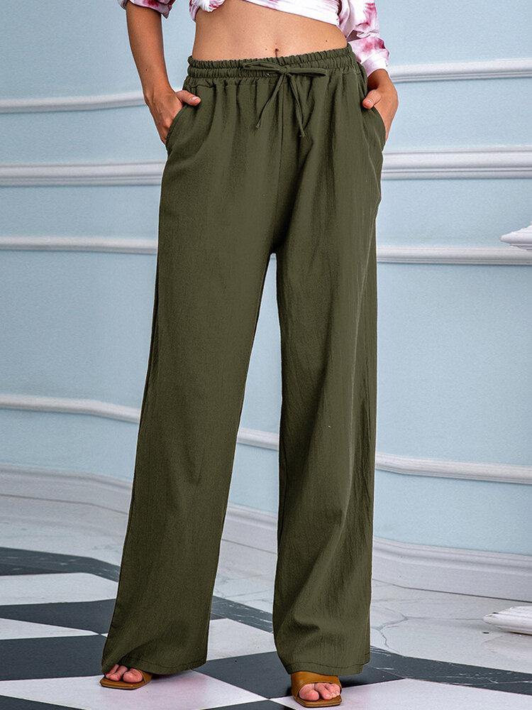Women Loose Casual Solid Color Drawstring Mid Waist Straight Pants - Trendha