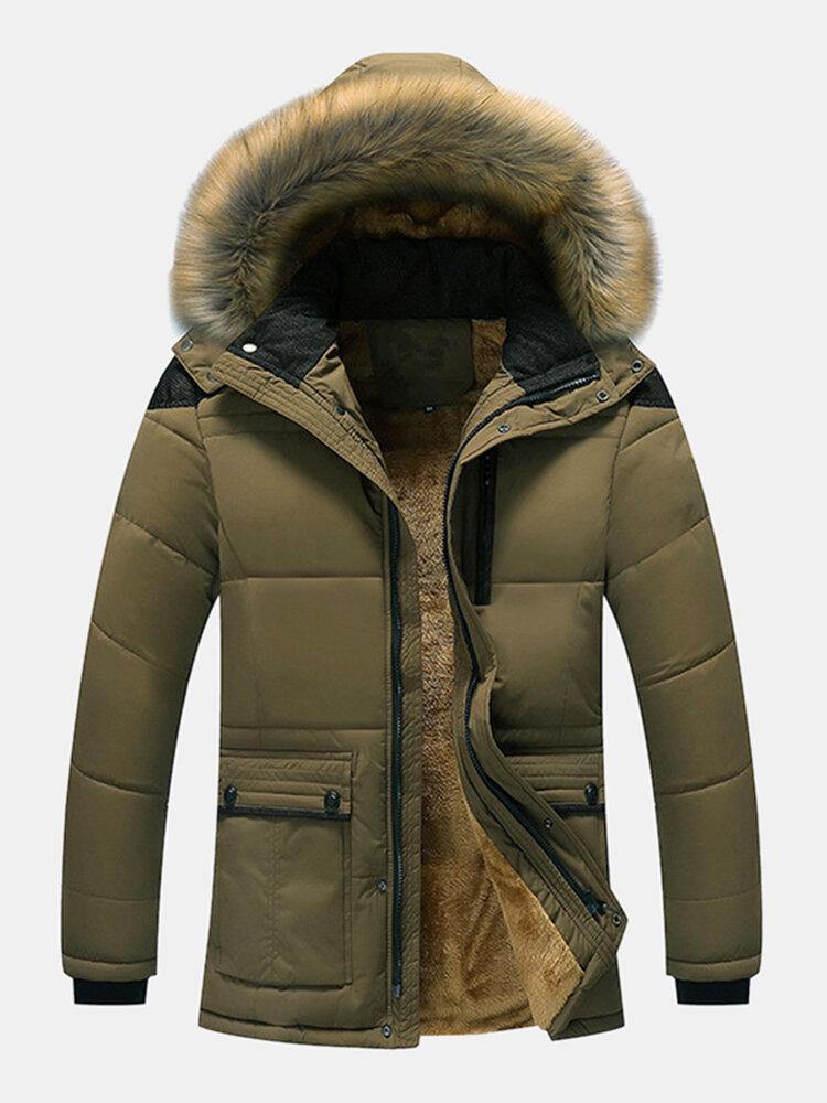 Mens Solid Color Fleece Lined Long Sleeve Thicken Detachable Faux Fur Collar Hooded Coats - Trendha
