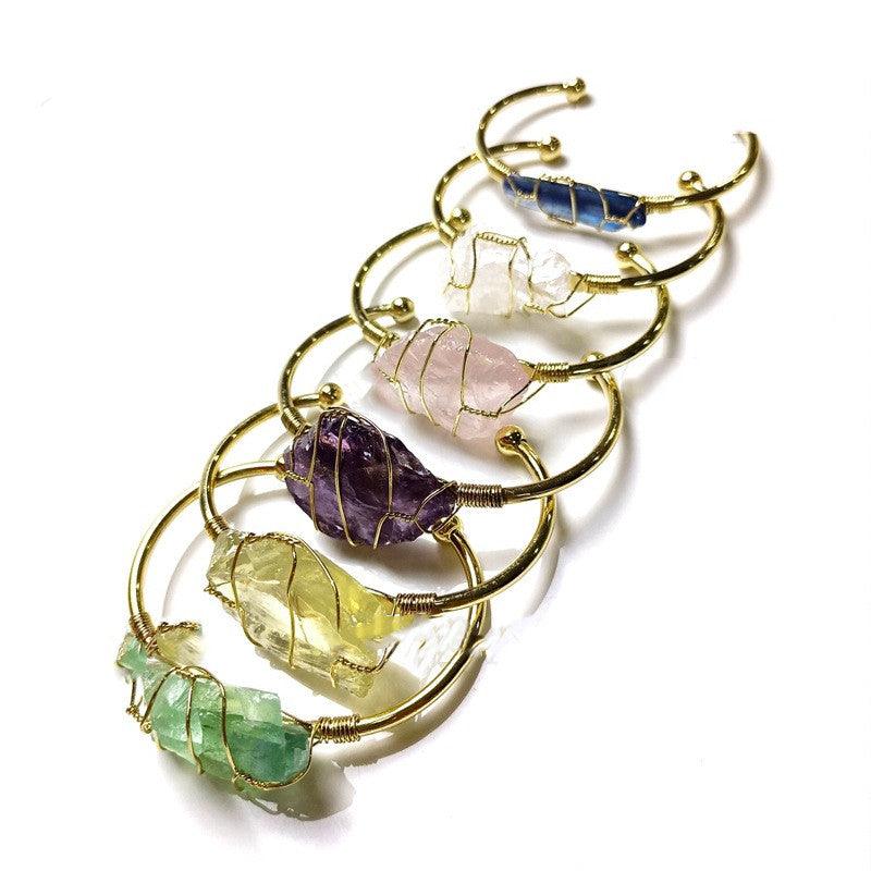 Explosive Natural Crystal Rough Stone Gold Winding Unshaped Bracelet Jewelry Crystal Bracelet - Trendha