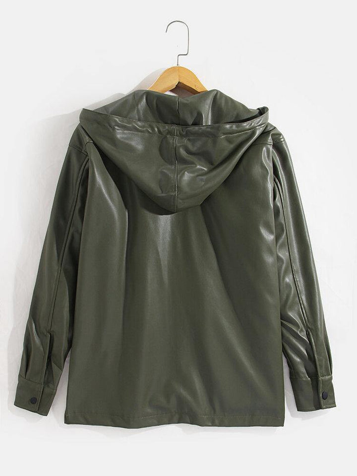 Mens Solid Color Hooded Leather Jacket With Slant Pocket - Trendha