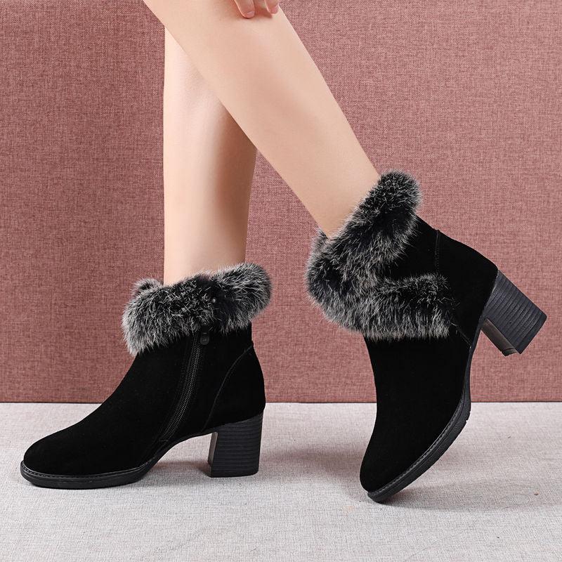Rabbit Fur Snow Boots Women Cotton Shoes Mid Heel Plus Velvet Thick Warm - Trendha