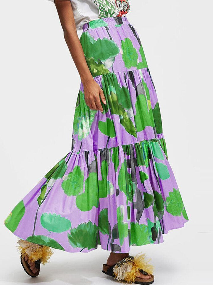 Women Colorful Floral Print Loose Elastic Waist A-Line Long Tiered Layered Skirt - Trendha