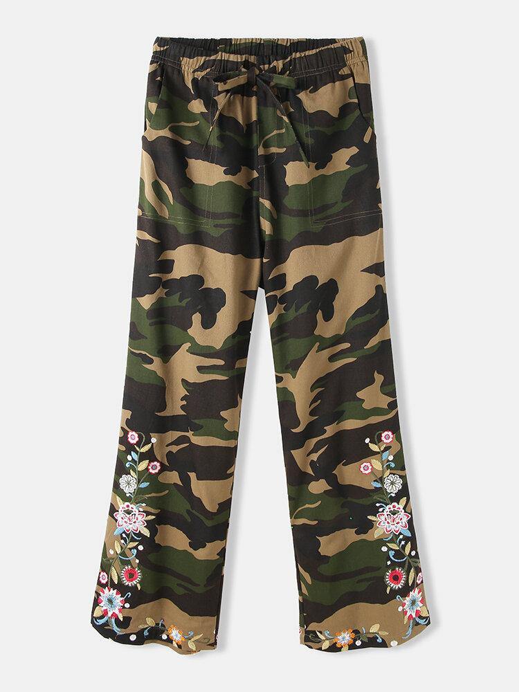 Women Camouflage Floral Print Drawstring Mid Waist Casual Pants With Pocket - Trendha