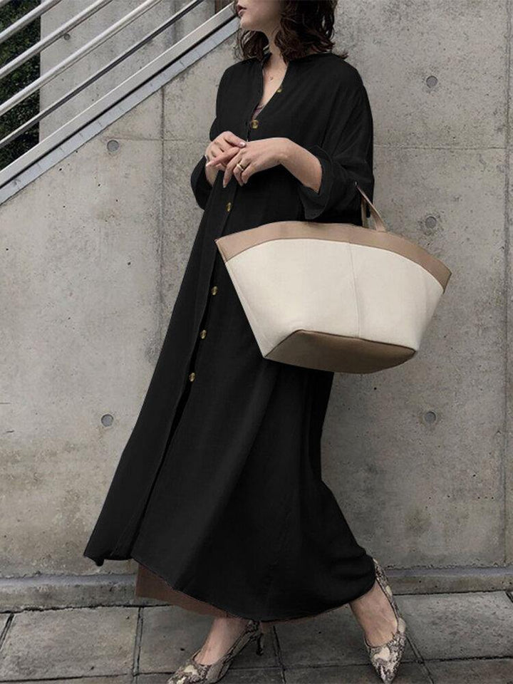 Women Casual Solid Color Stand Collar Long Sleeve Button Shirt Dress - Trendha