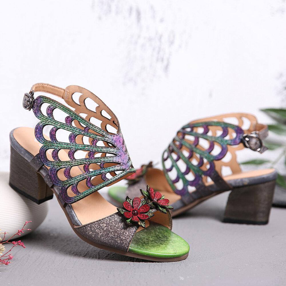 OCOFY Leather Flowers Cutouts Butterfly Wings Buckle Slingback Block Heel Sandals - Trendha
