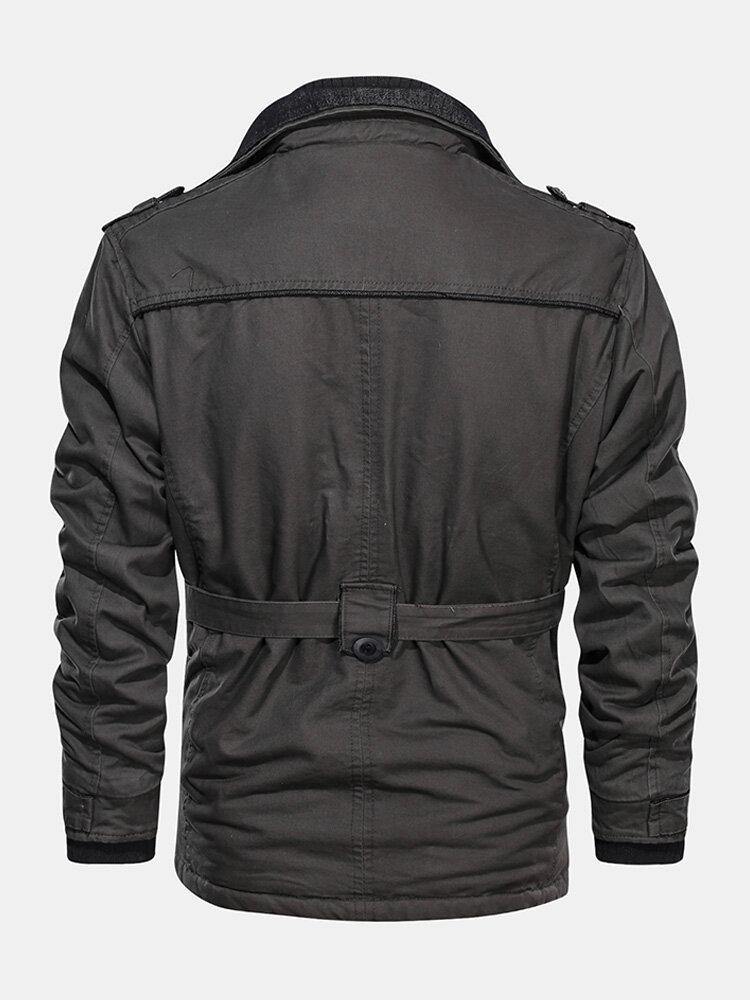 Mens 100% Cotton Fleece Lined Warm Solid Color Cargo Coats With Belt - Trendha