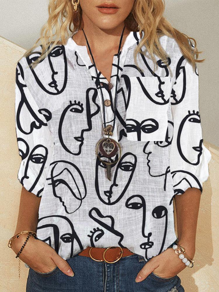 Abstract Face Figure Print V-neck Button Long Sleeve Pocket Blouse For Women - Trendha