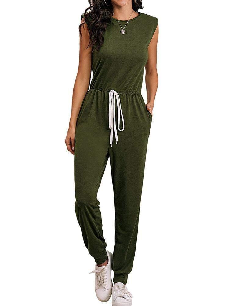 Sleeveless Round Neck Drawstring Waist Loose Button Back Jumpsuits For Women - Trendha