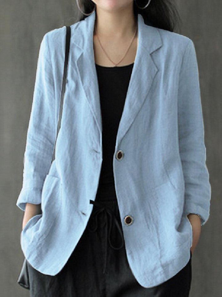 Women 100% Cotton Solid Color Button Front Business Thin All-Match Blazer With Pocket - Trendha