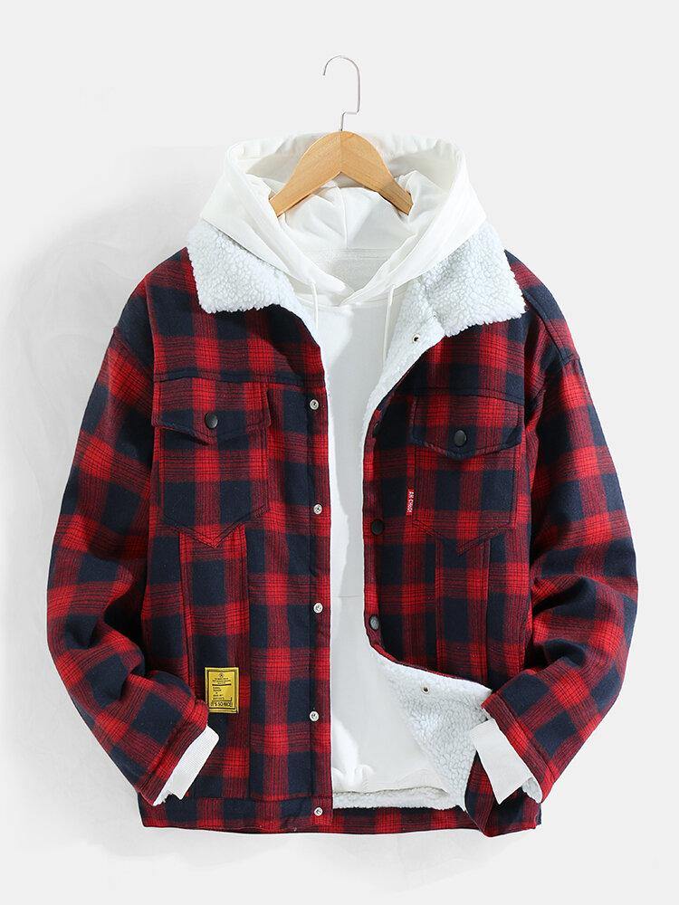 Mens Classic Plaid Warm Sherpa Lined Chest Pocket Jacket - Trendha