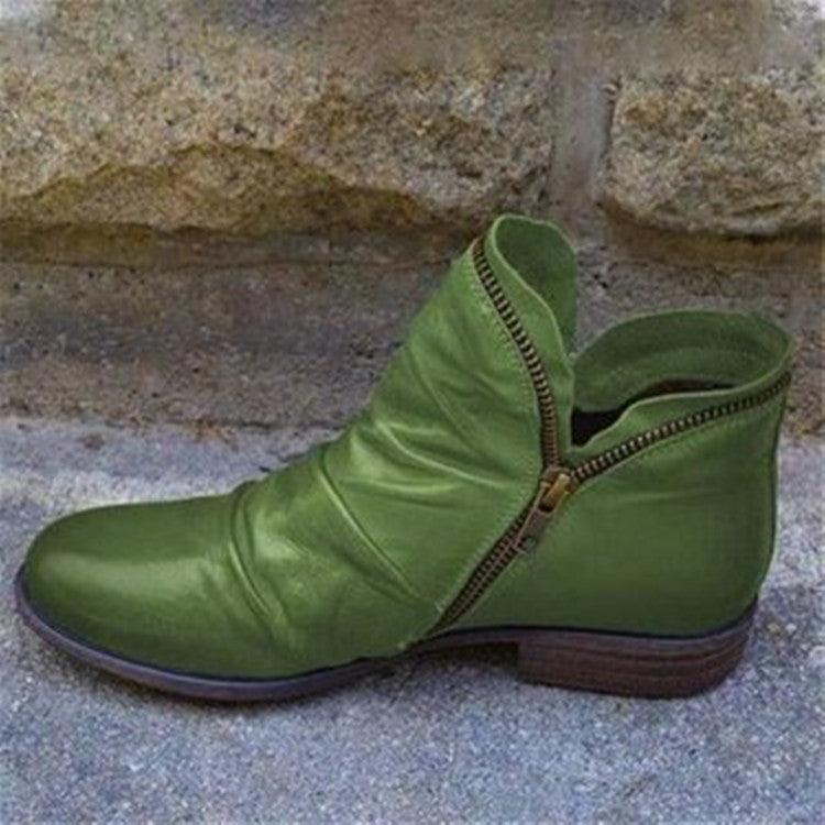 Round Toe Chunky Heel Double Zipper Ankle Boots - Trendha