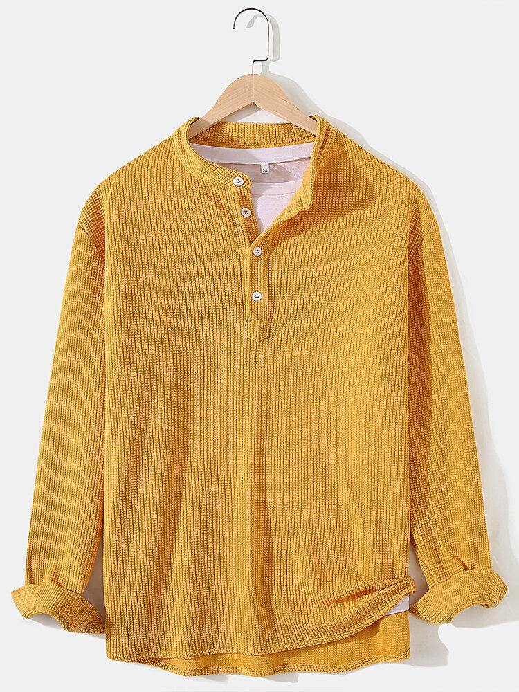 Mens Knitting Jacquard Solid Texture Long Sleeve Henley Shirts - Trendha