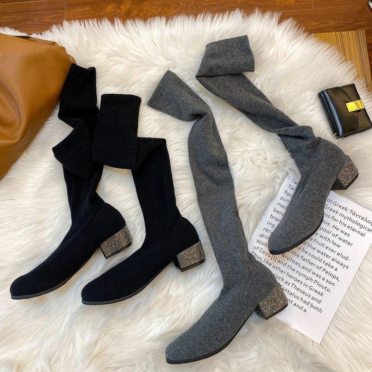 Womens Thigh High Stretch Breathable Pointed Toe Rhinestone Thick Heel Knitting Sock Boots - Trendha