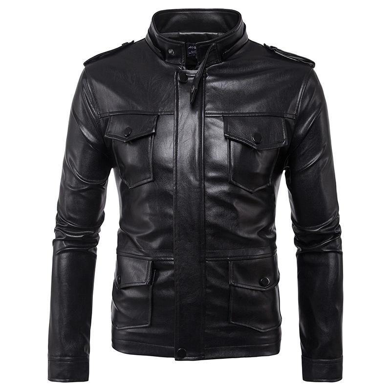 Mens Detachable Hood Faux Leather Jacket PU Biker Jacket - Trendha