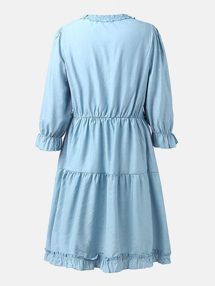 Solid Color V-neck 3/4 Sleeve Patchwork Casual Dress For Women - Trendha