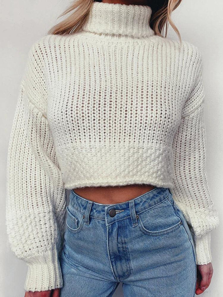 Women High Neck Long Sleeve White Loose Knitted Sweaters - Trendha