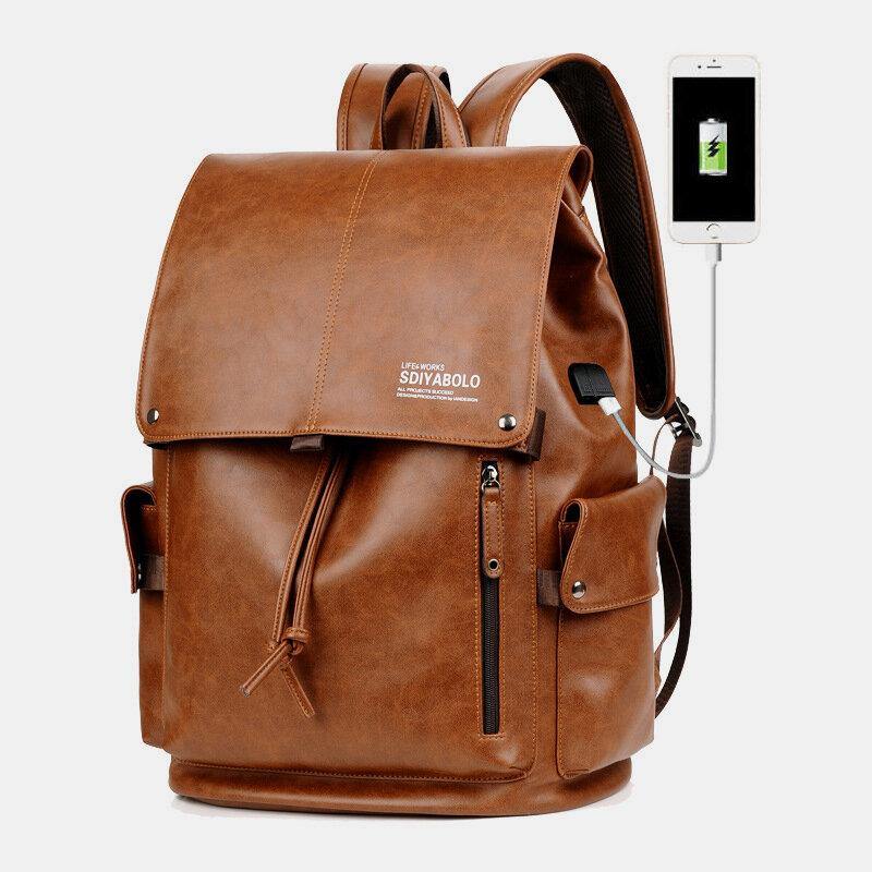 Men Faux Leather Large Capacity Waterproof 13.3 Inch Laptop Bag Travel Bag Backpack With USB Charging - Trendha