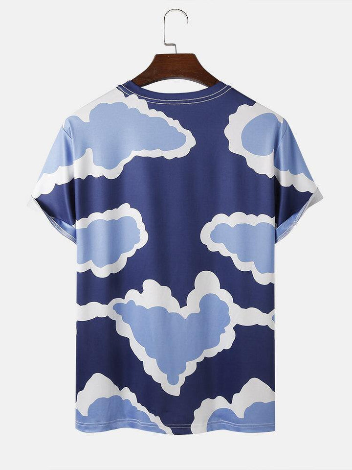 Mens Cloud Print Crew Neck Loose Holiday Short Sleeve T-Shirts - Trendha