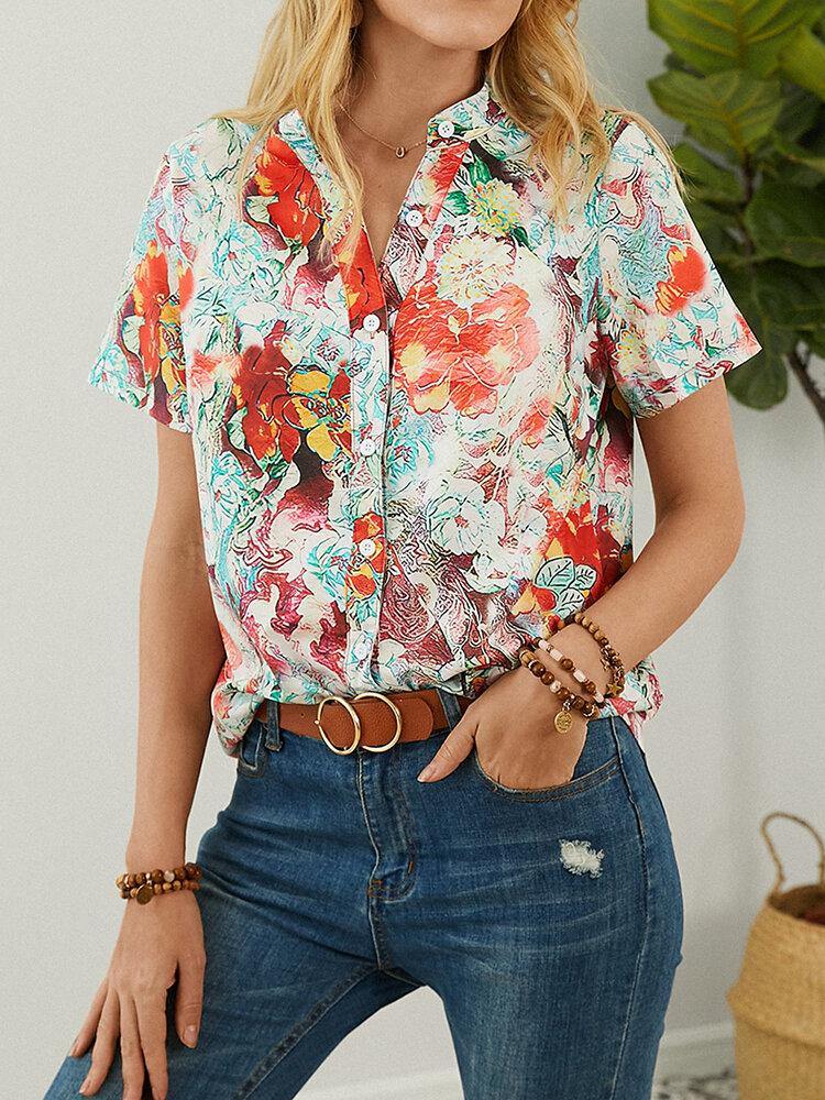 Calico Print Short Sleeve Stand Collar Button Blouse For Women - Trendha