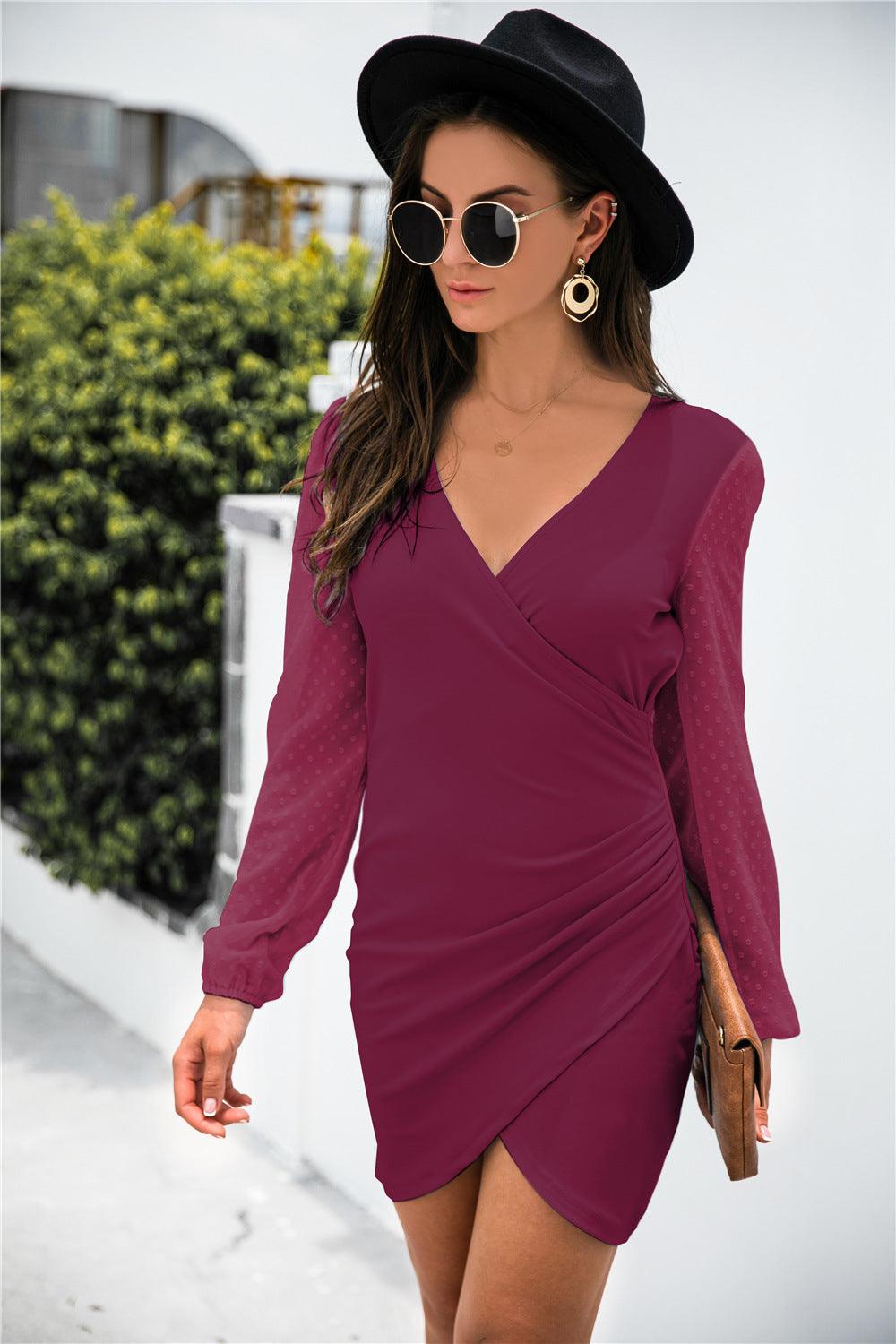 Contrast Mesh Sleeve Wrap Front Dress - Trendha
