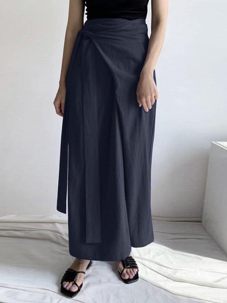 Solid Color Plain Knotted Pocket Long Casual Skirt For Women - Trendha