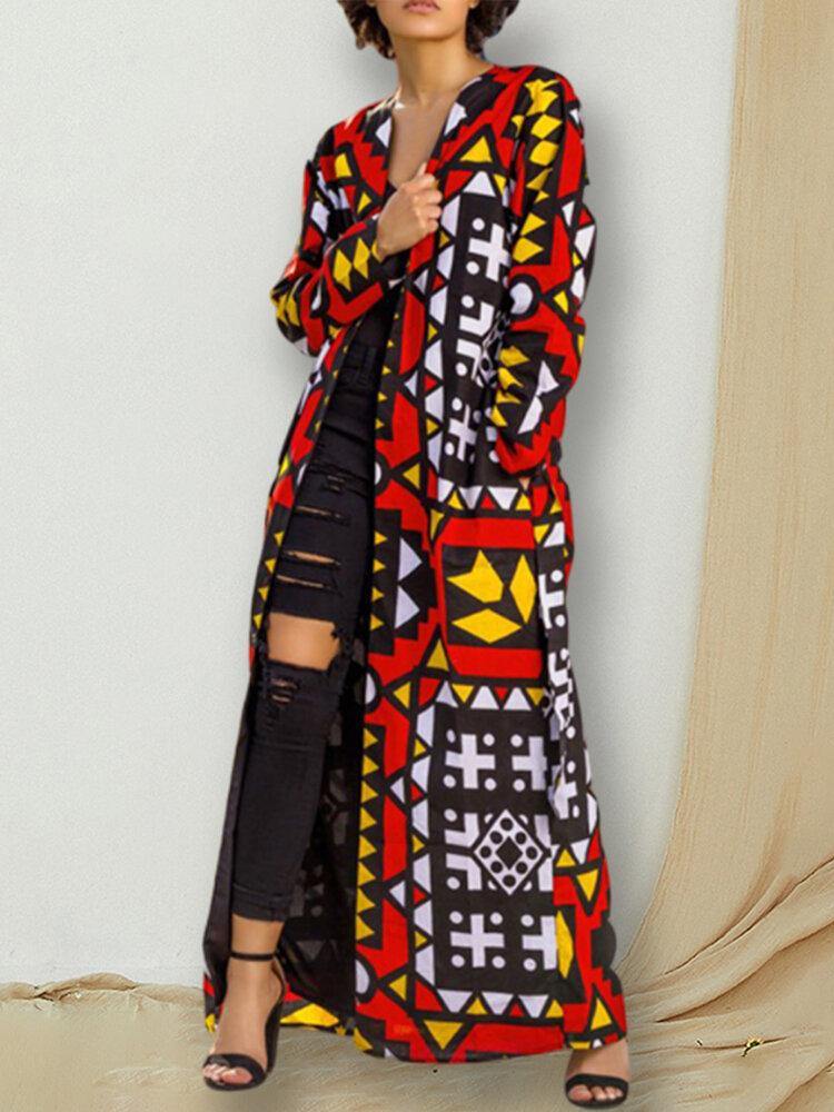 Women Vintage Geometric Printed Casual Long Ethnic Coat With Belt - Trendha