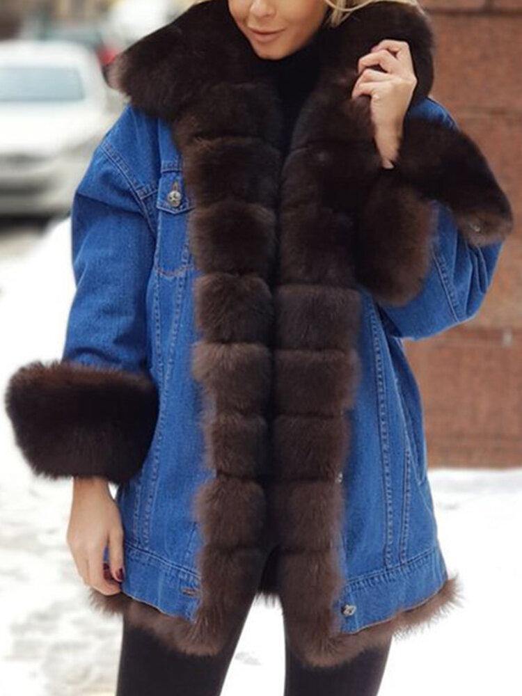Women Distressed Denim Patchwork Warm Casual Faux Fur Coats - Trendha