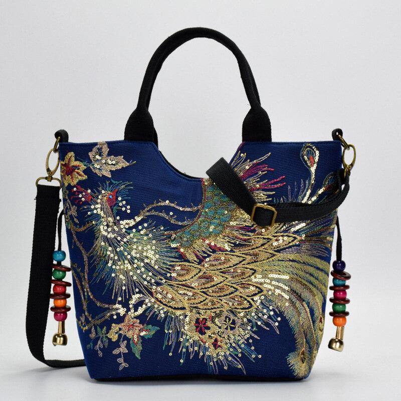 Women Canvas Embroidery Peacock Pattern Ethnic Style Multi-carry Handbag Crossbody Bag Shoulder Bag - Trendha