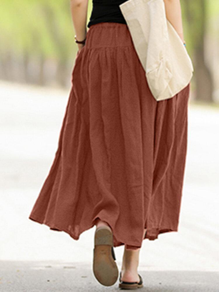 Casual Solid Elastic Waist Pleated Spliced Cotton Skirt For Women - Trendha