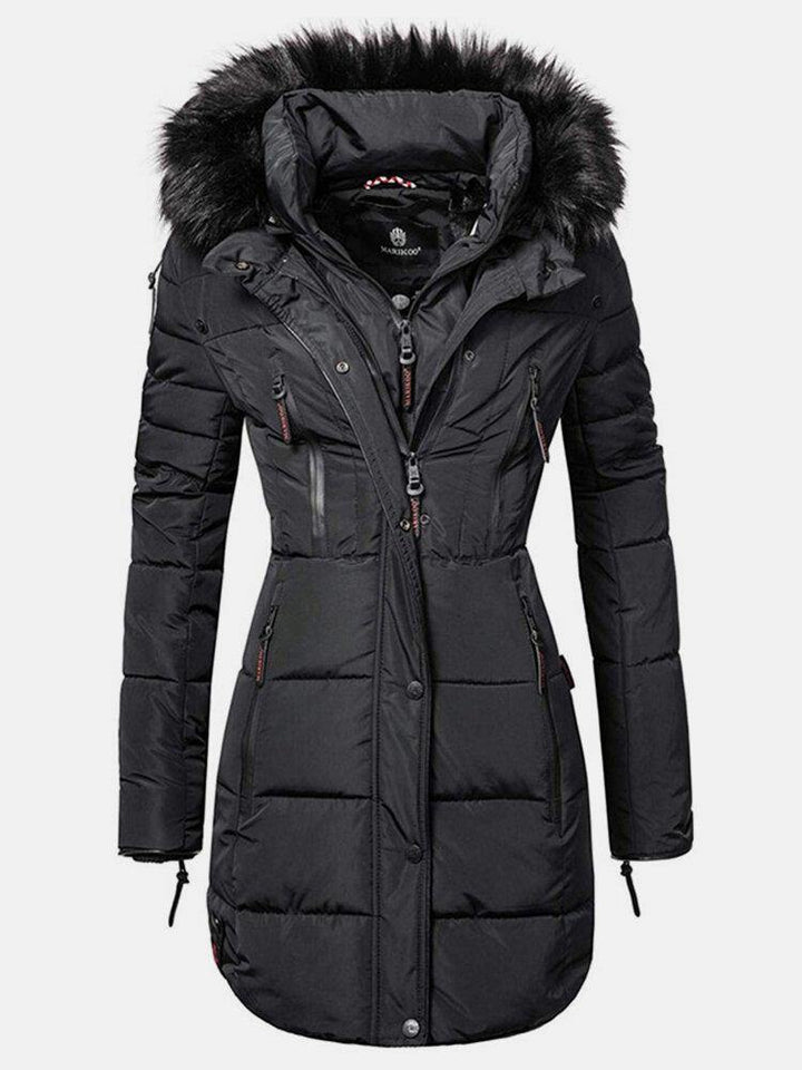 Women Solid Color Multi Pocket Zipper Front Faux Fur Collar Hooded Coat - Trendha