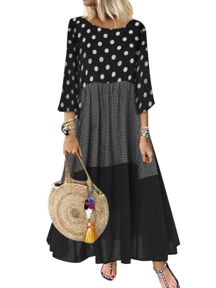 Women Stitching Design Polka Dot Side Pockets Maxi Dress - Trendha