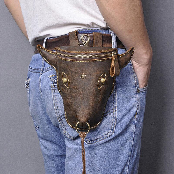 Men Cow Head Shape Large Capacity Genuine Leather Crazy Horse Leather 7 Inch Vintage Waist Bag Leg Bag - Trendha