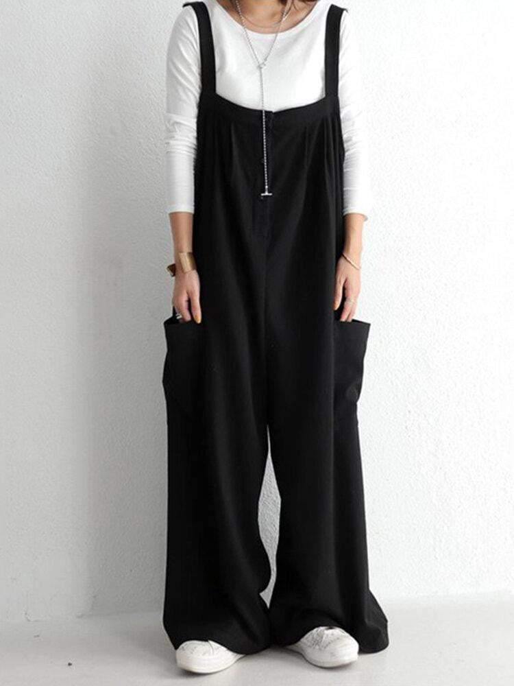Women Solid Color Double Pocket Strappy Casual Wide Leg Jumpsuits - Trendha